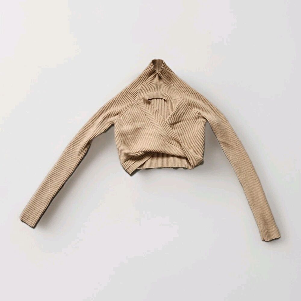 Herra Ribbed Crop Knit Wrap Sweater Tan High Neck Long Sleeve Stretch Womens M